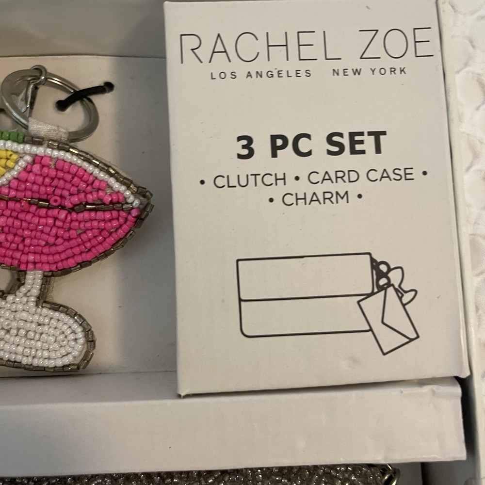 Rachel Zoe Clutch Purse W/Strap 3 PC Set Card Case & Charm Silver Martini Beaded - Picture 9 of 9